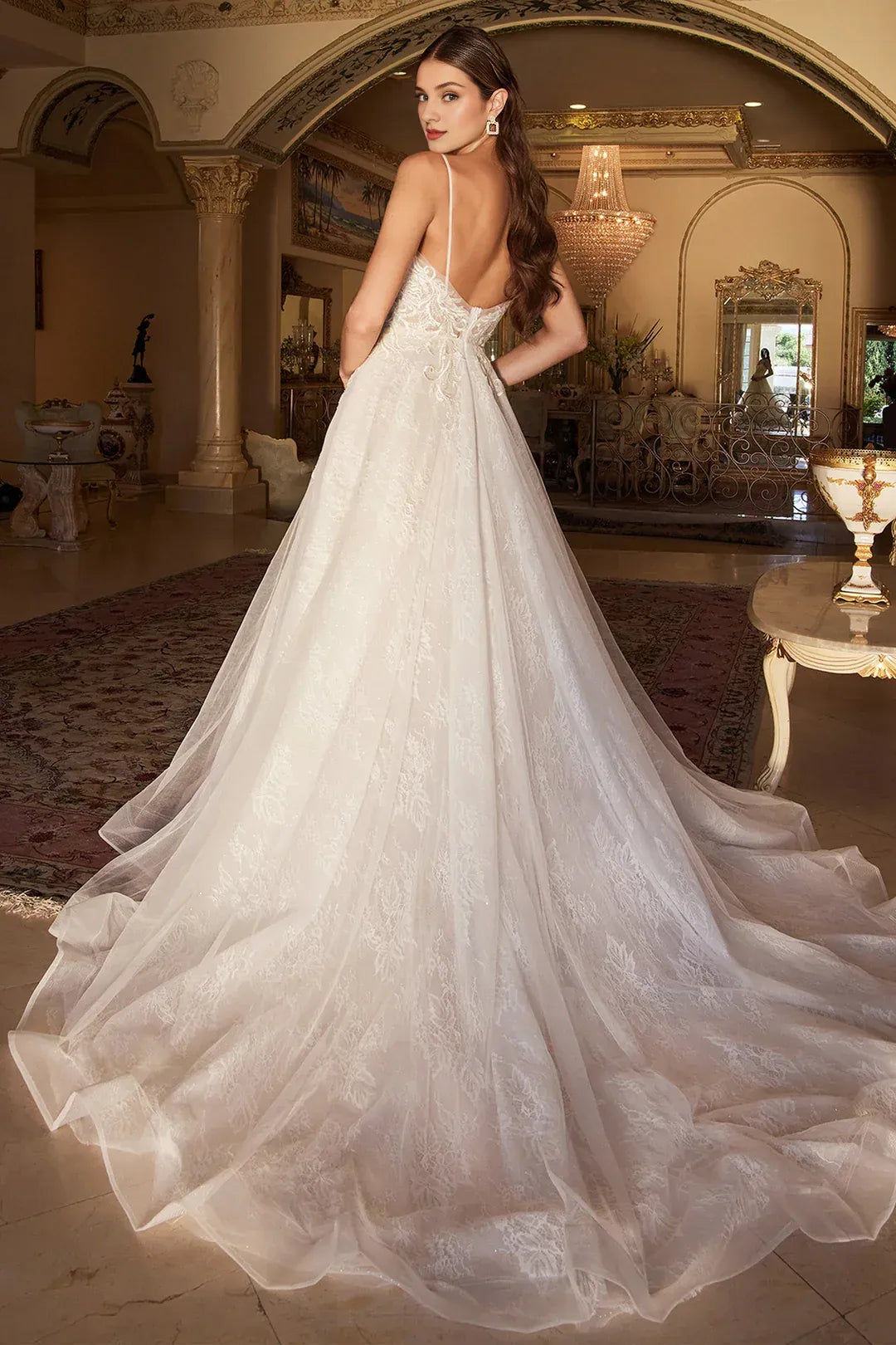 Whimsical A-Line Plunging-Neck Spaghetti-Strap Floor-Length Wedding Dress