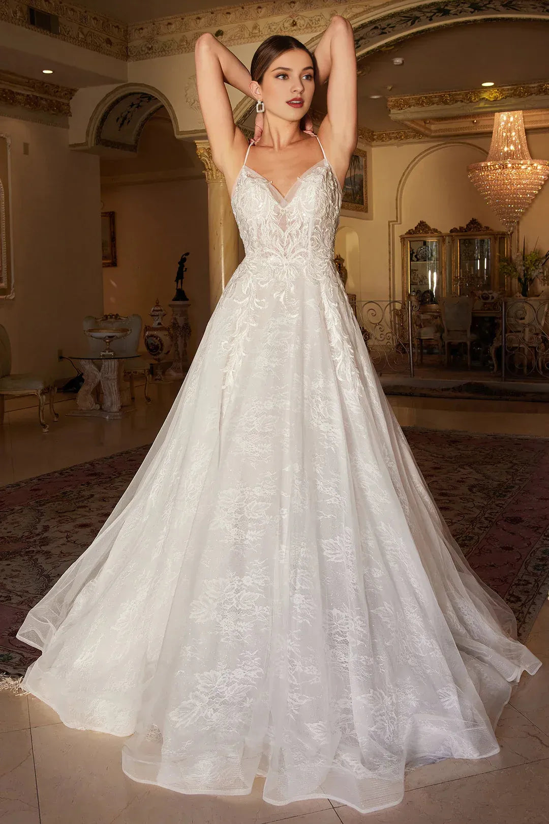 Whimsical A-Line Plunging-Neck Spaghetti-Strap Floor-Length Wedding Dress