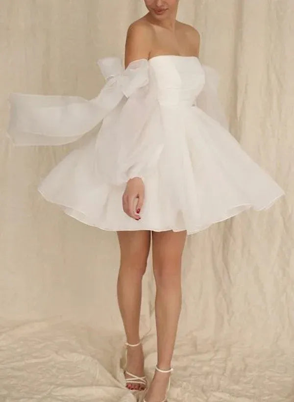 Whimsical A-Line Straight-Neck Off-the-Shoulder Mini-Length Wedding Dress