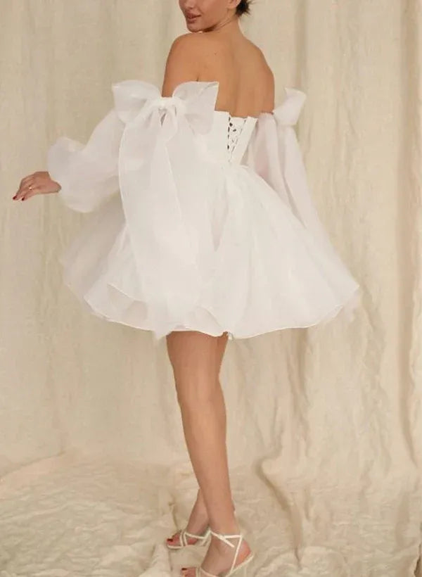 Whimsical A-Line Straight-Neck Off-the-Shoulder Mini-Length Wedding Dress