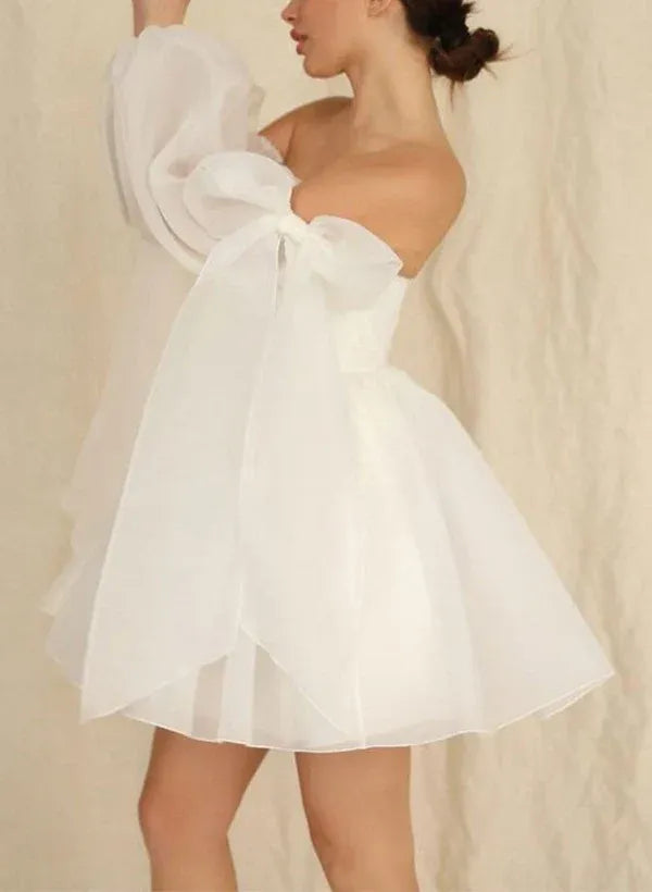 Whimsical A-Line Straight-Neck Off-the-Shoulder Mini-Length Wedding Dress