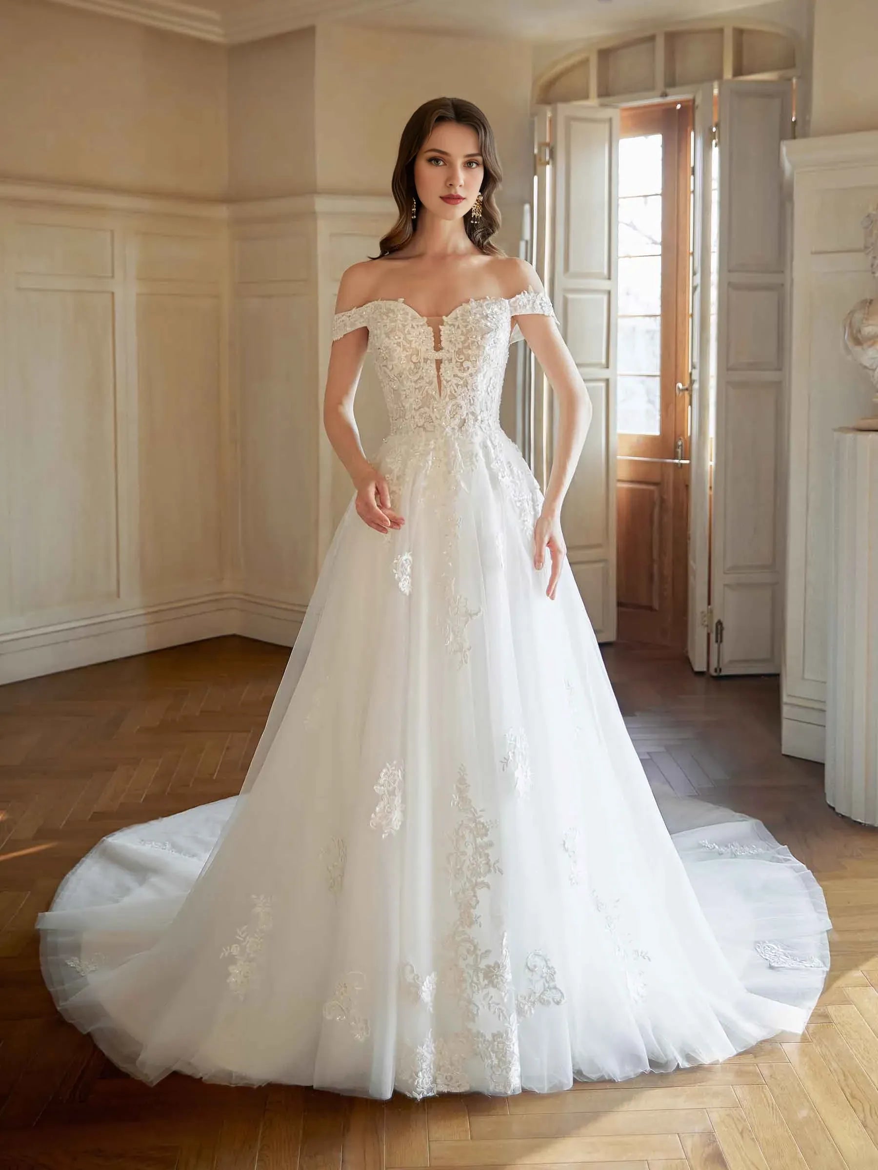 Whimsical A-Line Sweetheart-Neck Off-the-Shoulder Floor-Length Wedding Dress