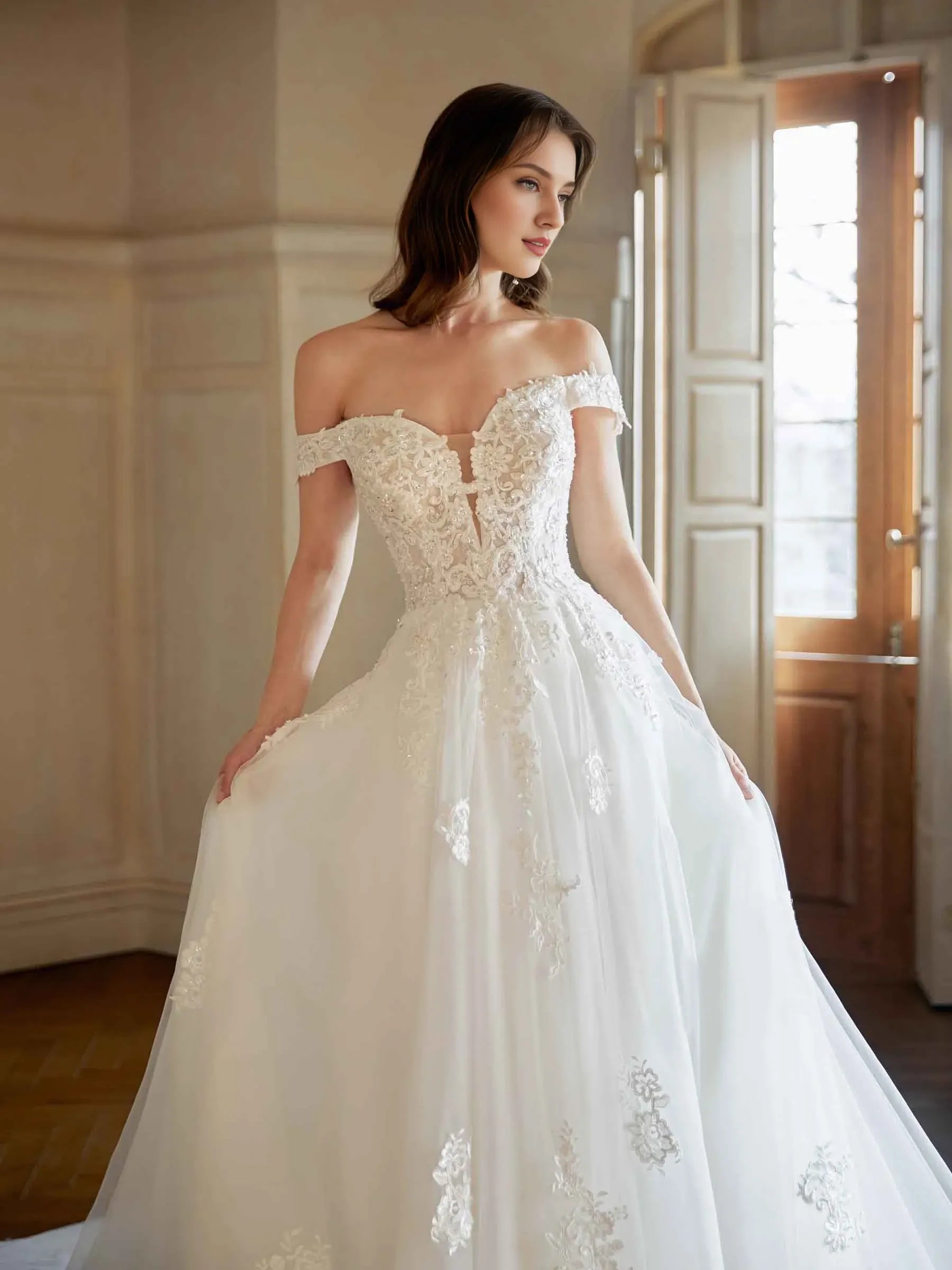 Whimsical A-Line Sweetheart-Neck Off-the-Shoulder Floor-Length Wedding Dress