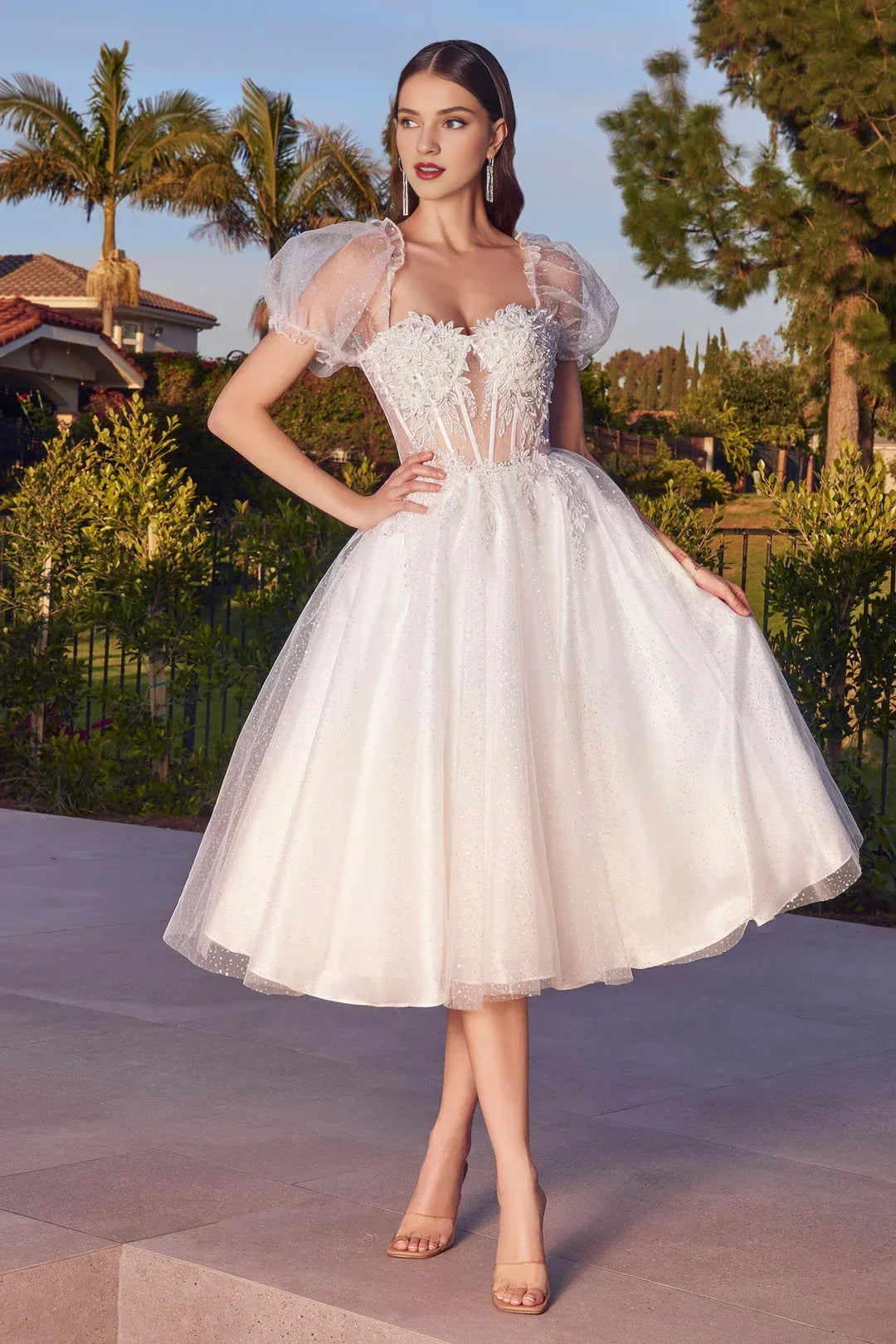 Whimsical A-Line Sweetheart-Neck Puff-Sleeve Tea-Length Wedding Dress