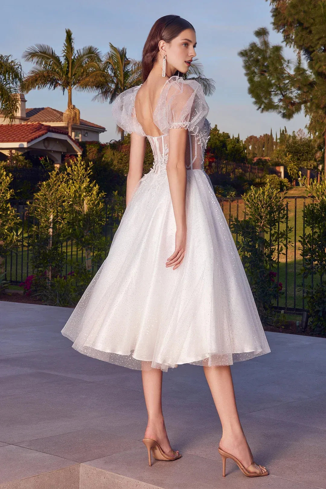 Whimsical A-Line Sweetheart-Neck Puff-Sleeve Tea-Length Wedding Dress