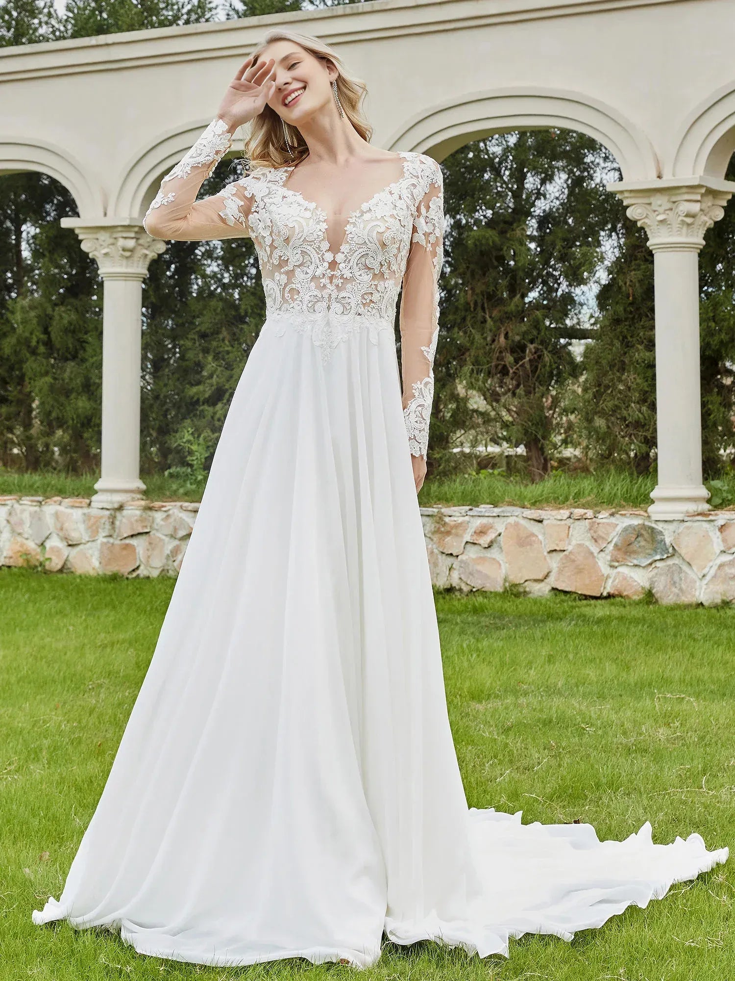 Whimsical A-Line V-Neck Long-Sleeve Floor-Length Wedding Dress