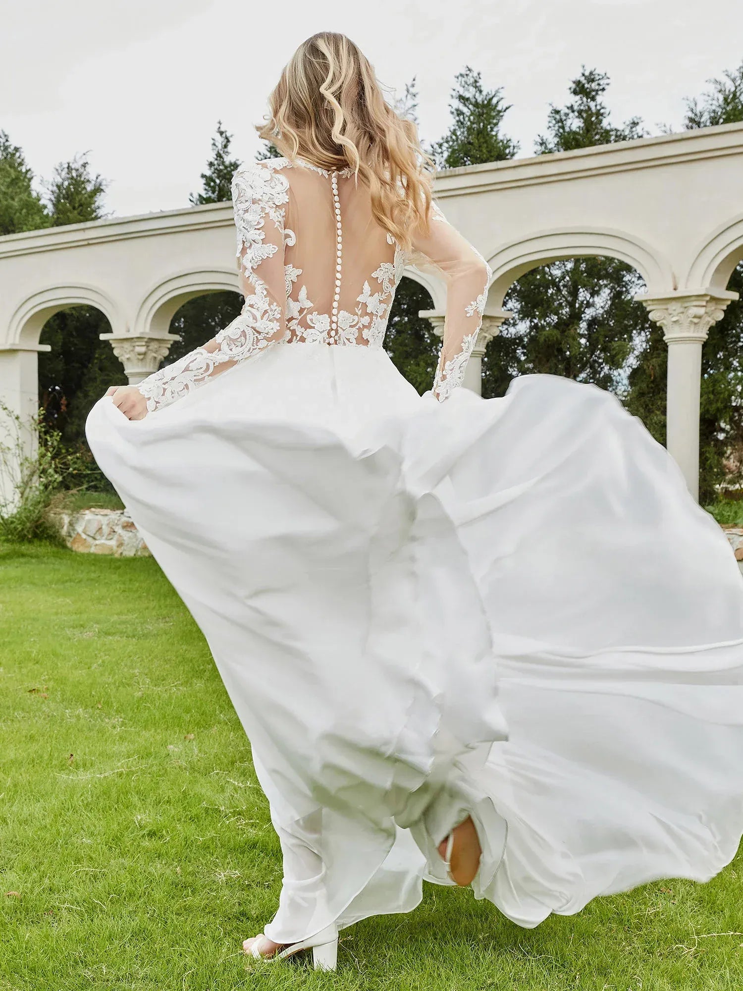 Whimsical A-Line V-Neck Long-Sleeve Floor-Length Wedding Dress