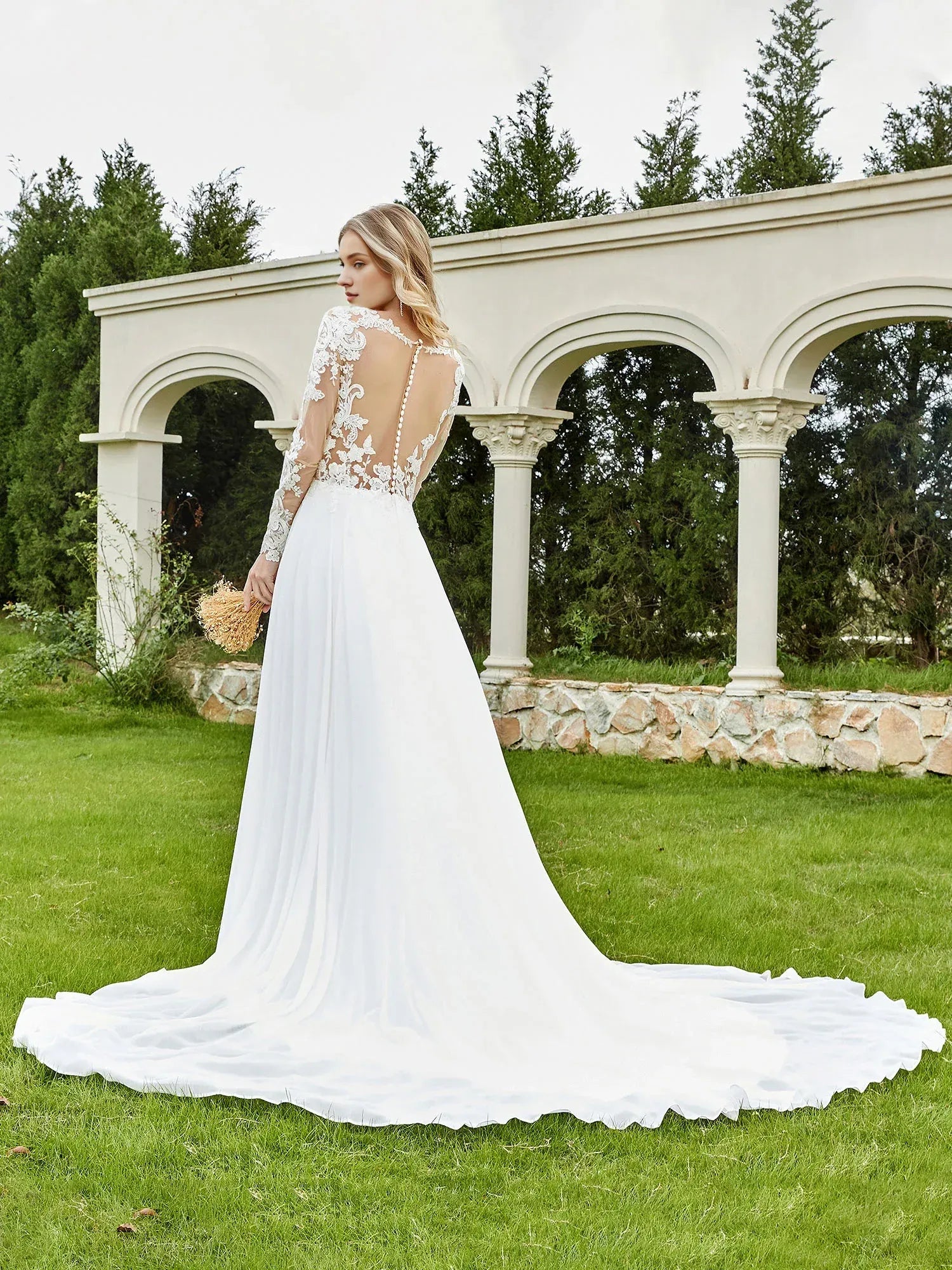 Whimsical A-Line V-Neck Long-Sleeve Floor-Length Wedding Dress
