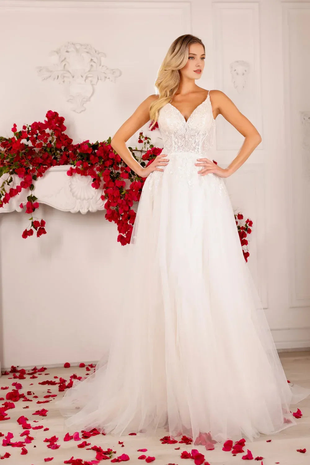 Whimsical A-Line V-Neck Spaghetti-Strap Floor-Length Wedding Dress