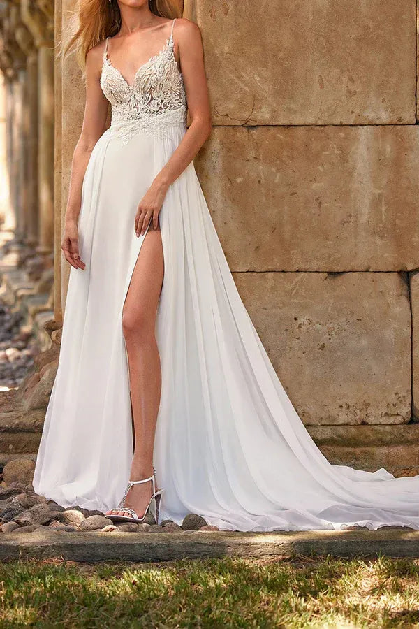 Whimsical Deep V-Neck Spaghetti-Strap A-Line Floor-Length Wedding Dress