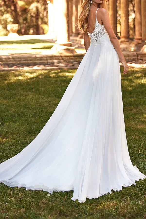 Whimsical Deep V-Neck Spaghetti-Strap A-Line Floor-Length Wedding Dress