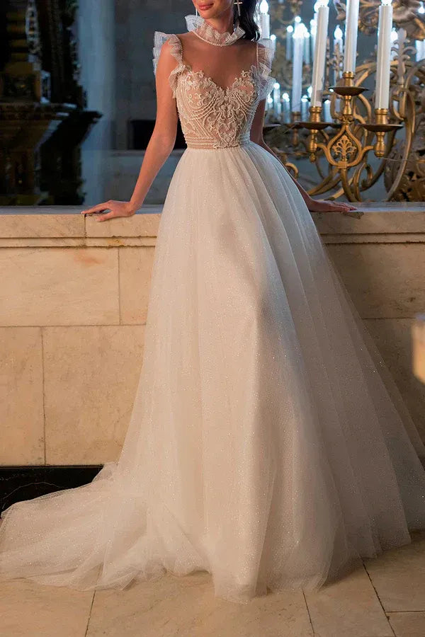 Whimsical Illusion High-Neck Cap-Sleeve A-Line Floor-Length Wedding Dress