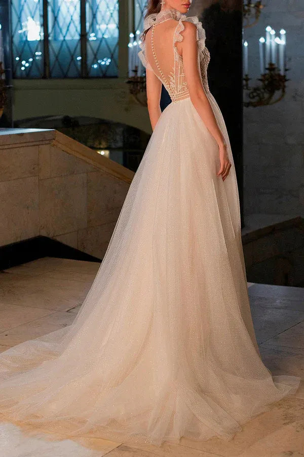 Whimsical Illusion High-Neck Cap-Sleeve A-Line Floor-Length Wedding Dress