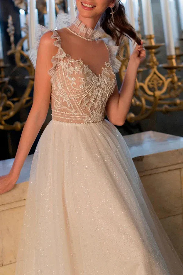 Whimsical Illusion High-Neck Cap-Sleeve A-Line Floor-Length Wedding Dress