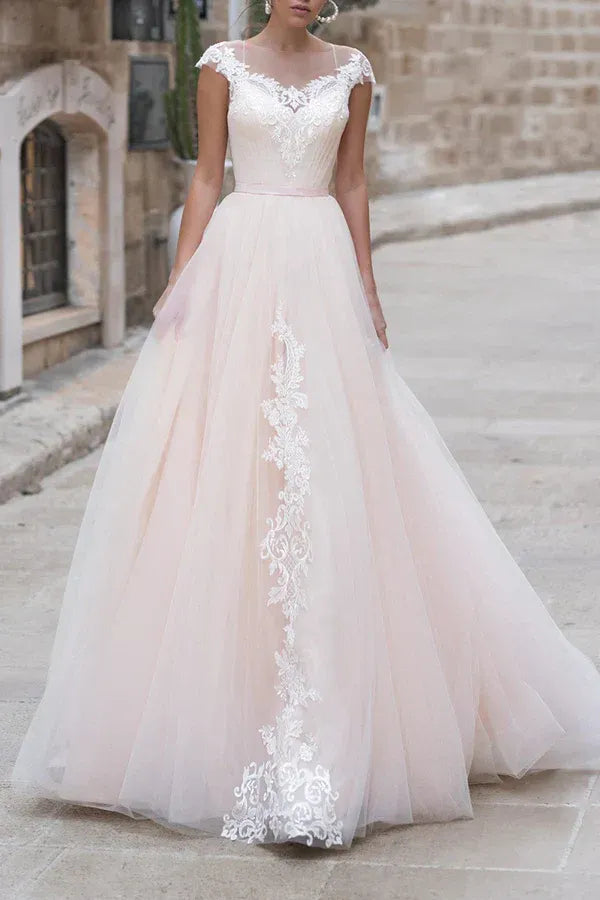 Whimsical Illusion-Neck Cap-Sleeve A-Line Floor-Length Wedding Dress