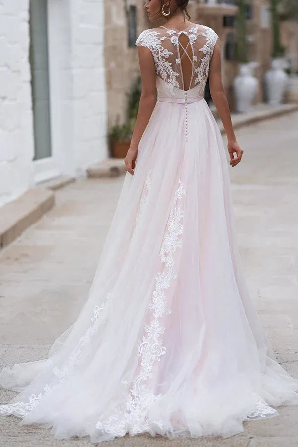 Whimsical Illusion-Neck Cap-Sleeve A-Line Floor-Length Wedding Dress
