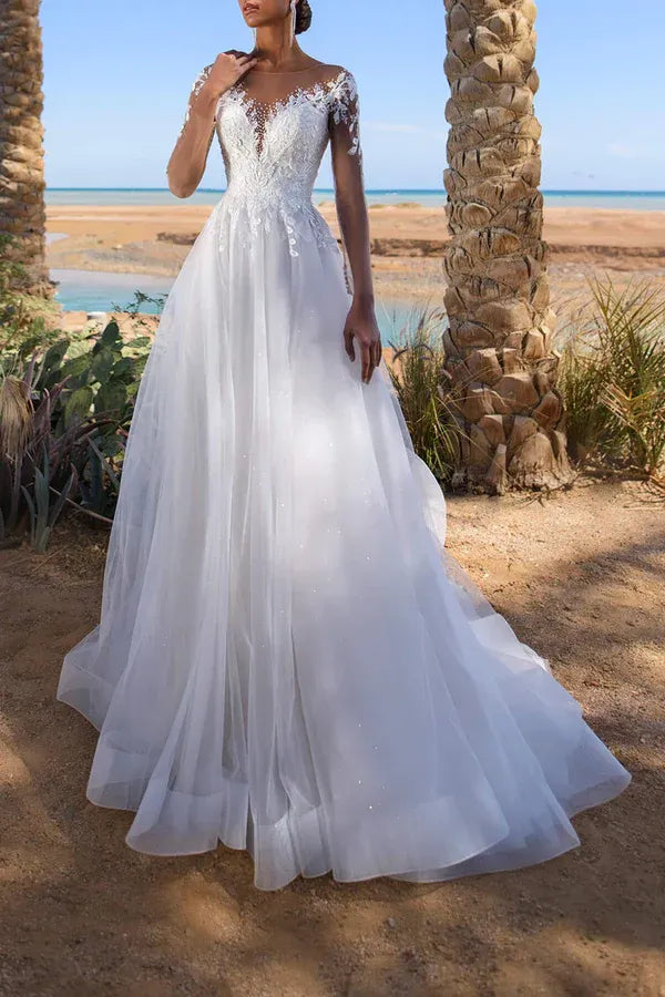Whimsical Illusion-Neck Long-Sleeve A-Line Floor-Length Wedding Dress