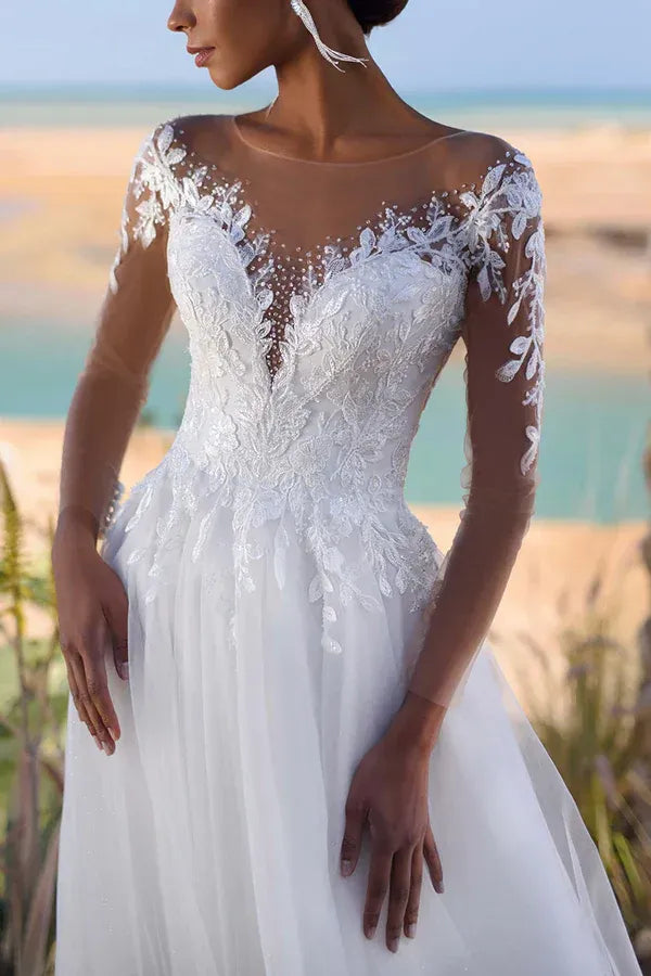 Whimsical Illusion-Neck Long-Sleeve A-Line Floor-Length Wedding Dress