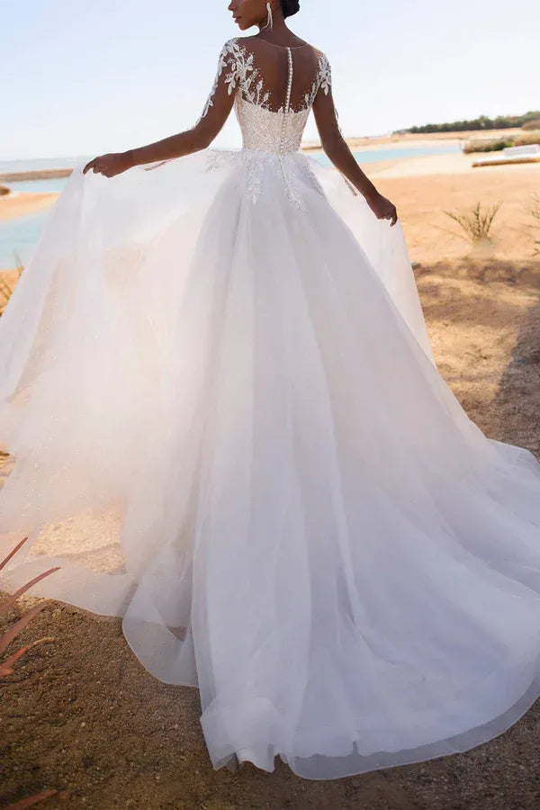 Whimsical Illusion-Neck Long-Sleeve A-Line Floor-Length Wedding Dress
