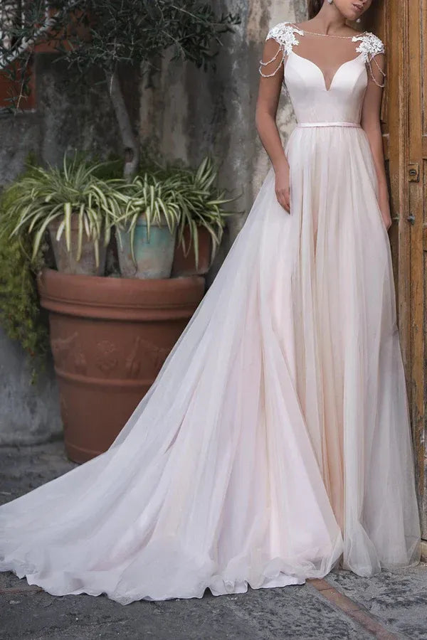 Whimsical Illusion-Neck Sleeveless A-Line Floor-Length Wedding Dress