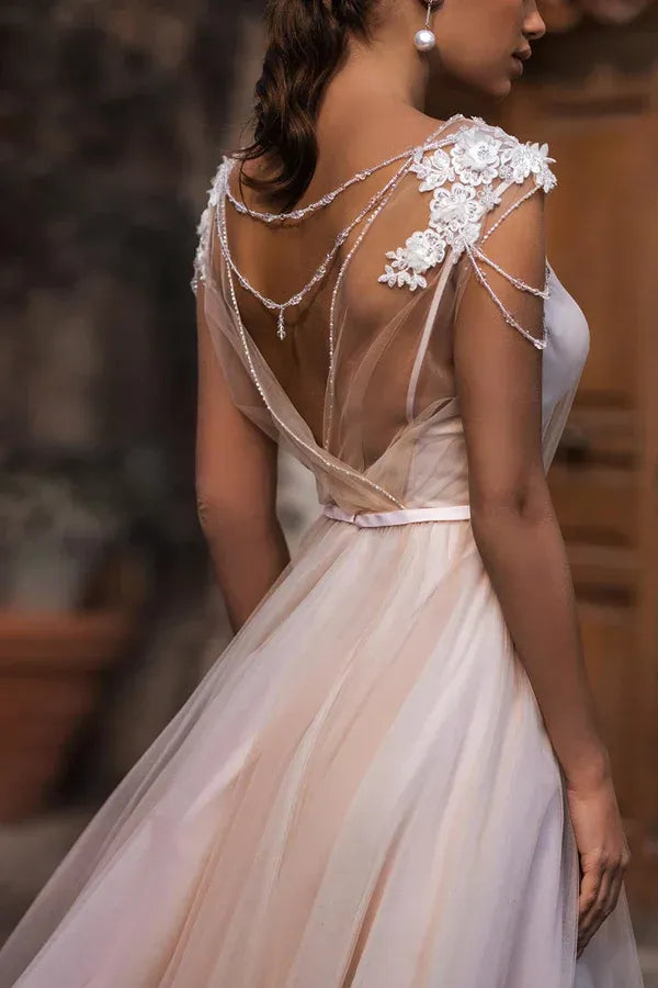 Whimsical Illusion-Neck Sleeveless A-Line Floor-Length Wedding Dress