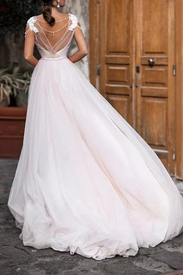 Whimsical Illusion-Neck Sleeveless A-Line Floor-Length Wedding Dress