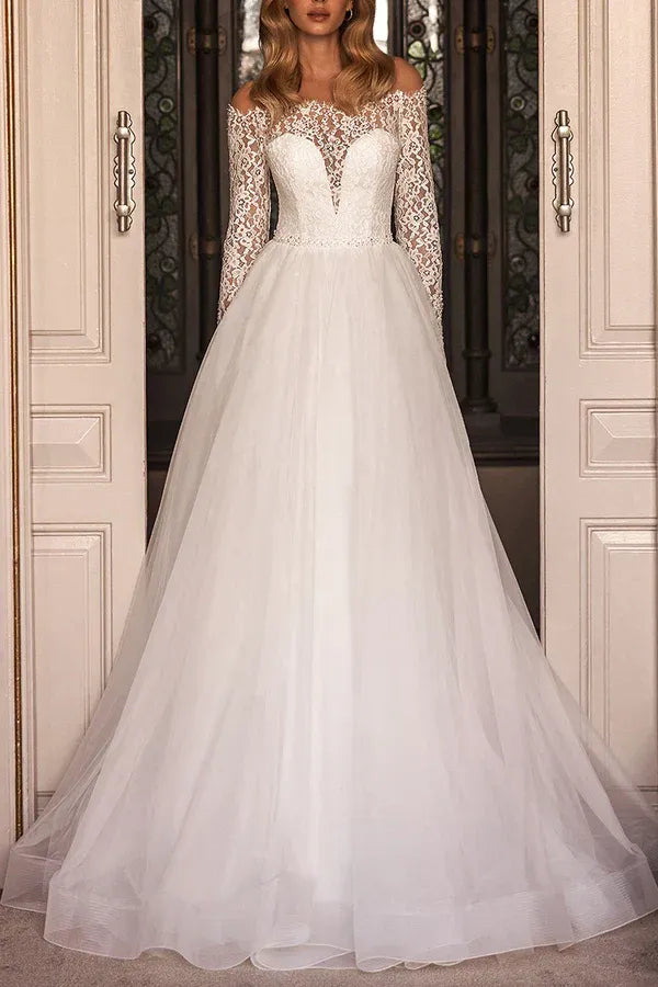 Whimsical Illusion Off-the-Shoulder Long-Sleeve A-Line Floor-Length Wedding Dress