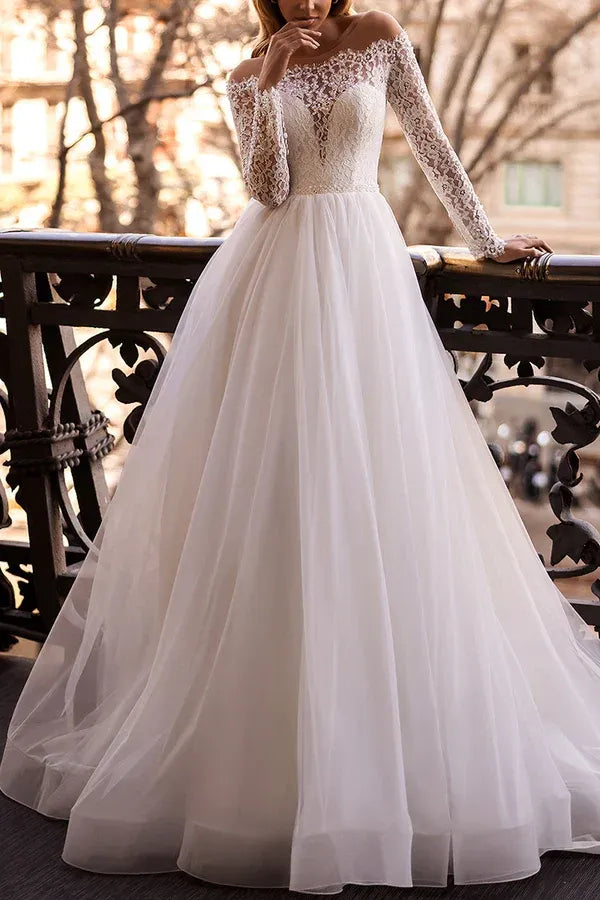 Whimsical Illusion Off-the-Shoulder Long-Sleeve A-Line Floor-Length Wedding Dress