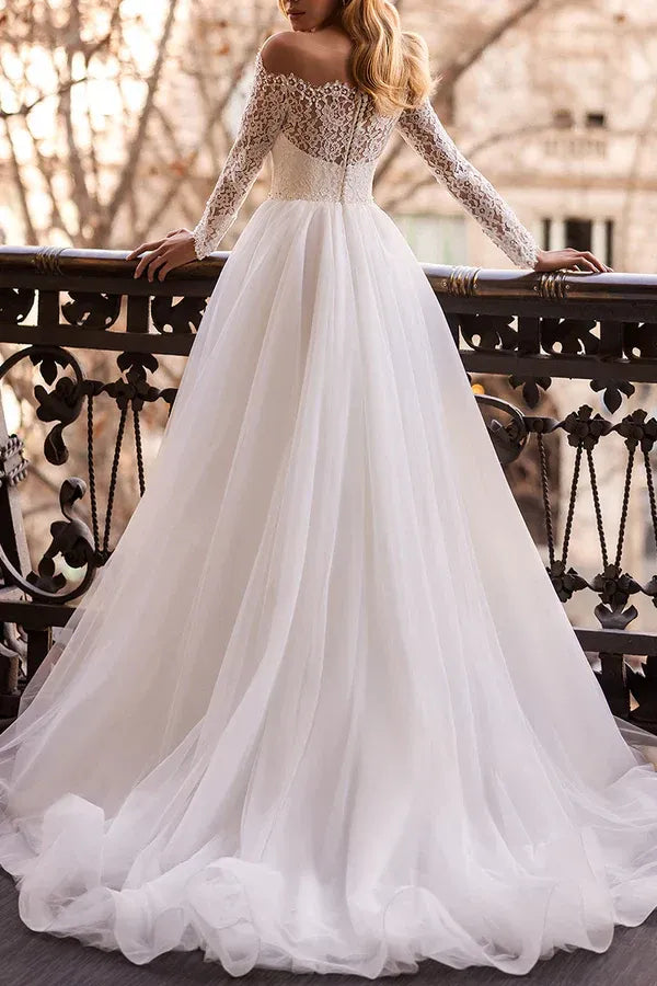 Whimsical Illusion Off-the-Shoulder Long-Sleeve A-Line Floor-Length Wedding Dress
