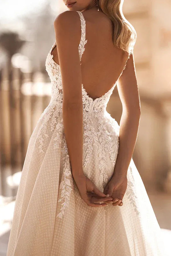 Whimsical Illusion Plunging V-Neck Sleeveless A-Line Floor-Length Wedding Dress