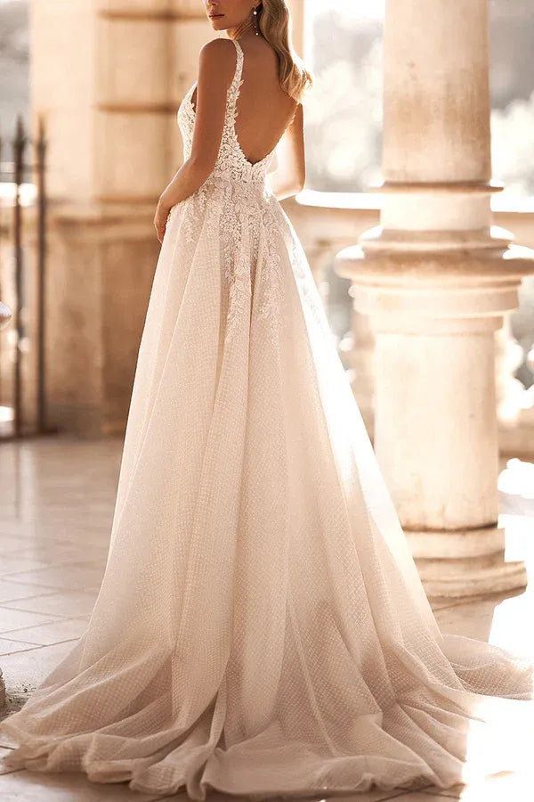 Whimsical Illusion Plunging V-Neck Sleeveless A-Line Floor-Length Wedding Dress