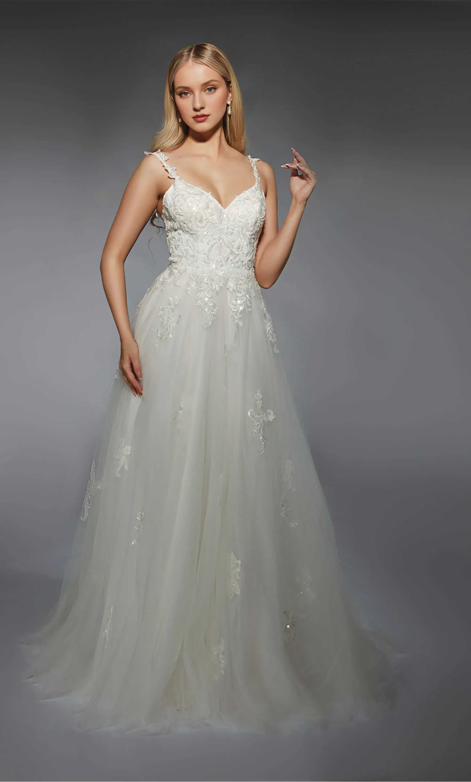 Whimsical Lace Tulle A Line Spaghetti Strap Wedding Dress