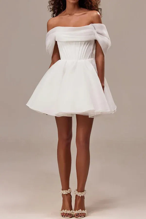 Whimsical Off-the-Shoulder Corset Mini Reception Wedding Dress