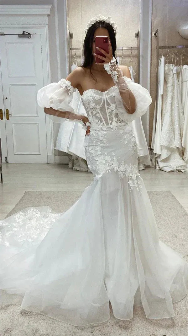 Whimsical Off-the-Shoulder Lace Mermaid Floor-Length Wedding Dress
