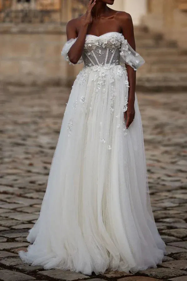 Whimsical Off-the-Shoulder Short-Sleeve A-Line Floor-Length Wedding Dress