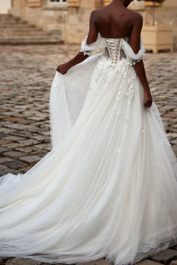 Whimsical Off-the-Shoulder Short-Sleeve A-Line Floor-Length Wedding Dress