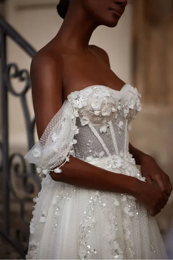 Whimsical Off-the-Shoulder Short-Sleeve A-Line Floor-Length Wedding Dress