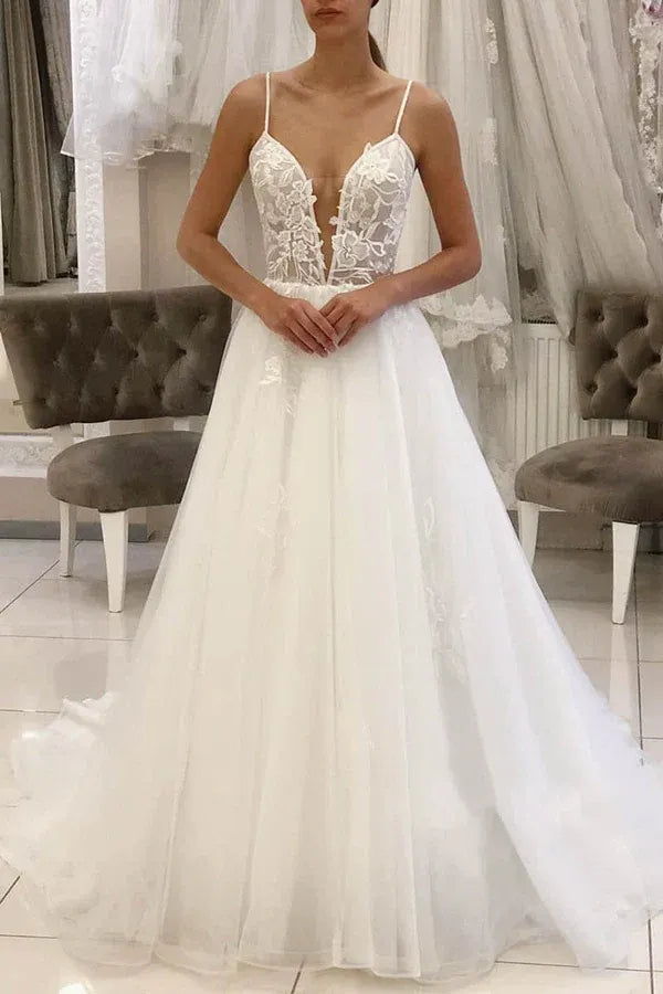 Whimsical Plunging V-Neck Lace Thin-Strap A-Line Floor-Length Wedding Dress