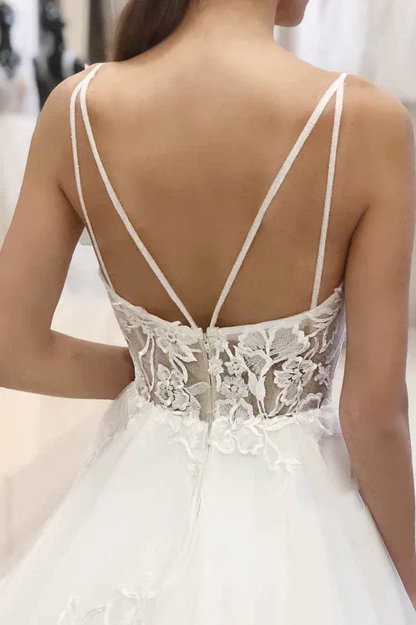 Whimsical Plunging V-Neck Lace Thin-Strap A-Line Floor-Length Wedding Dress