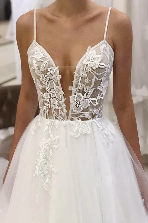 Whimsical Plunging V-Neck Lace Thin-Strap A-Line Floor-Length Wedding Dress
