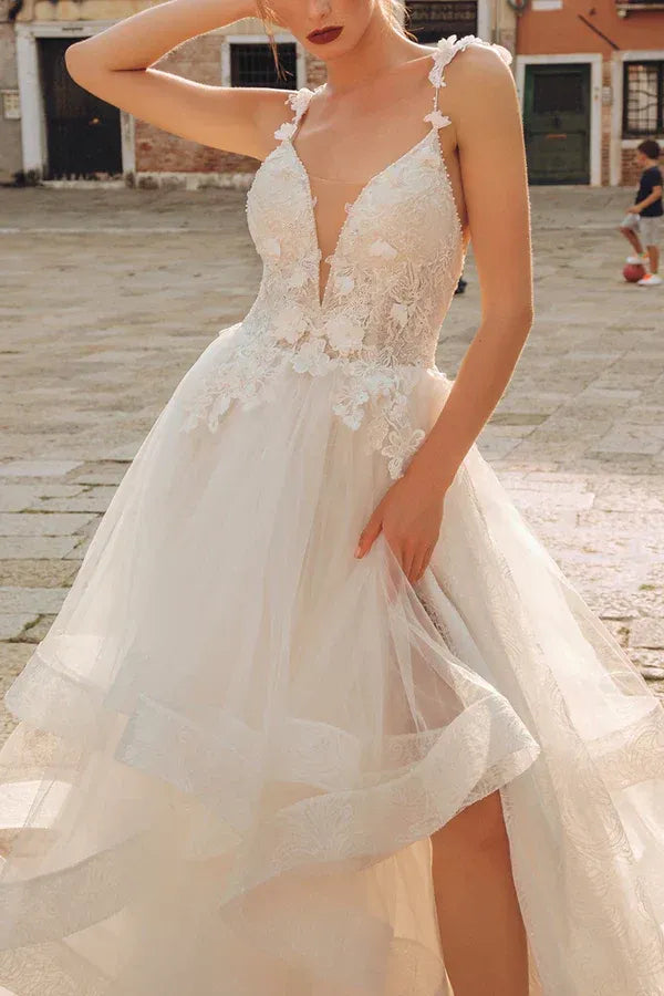 Whimsical Plunging V-Neck Spaghetti-Strap A-Line Floor-Length Wedding Dress