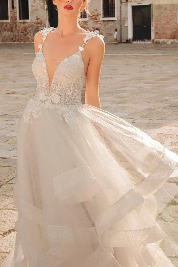 Whimsical Plunging V-Neck Spaghetti-Strap A-Line Floor-Length Wedding Dress