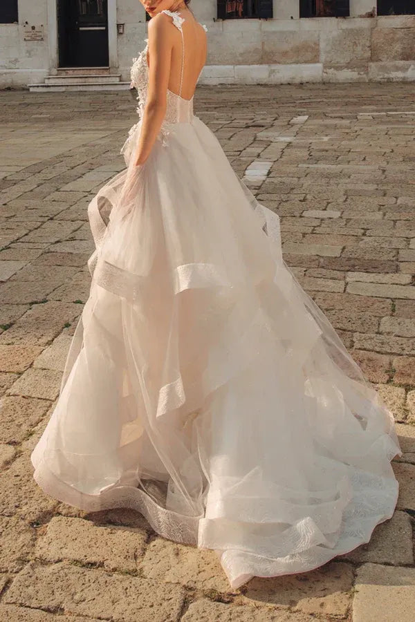 Whimsical Plunging V-Neck Spaghetti-Strap A-Line Floor-Length Wedding Dress