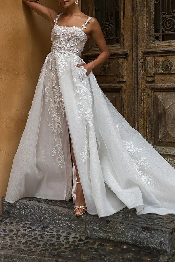 Whimsical Square-Neck A-Line Floor-Length Wedding Dress