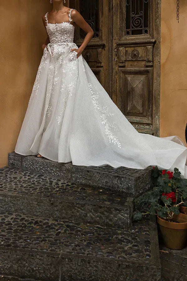 Whimsical Square-Neck A-Line Floor-Length Wedding Dress