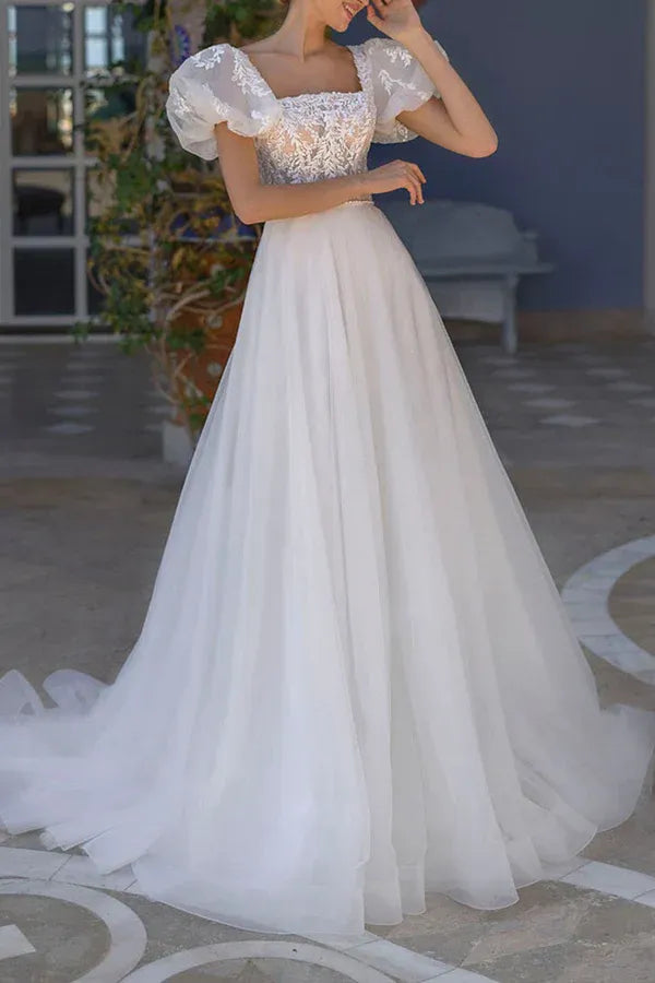 Whimsical Square-Neck Puff-Sleeve A-Line Floor-Length Wedding Dress