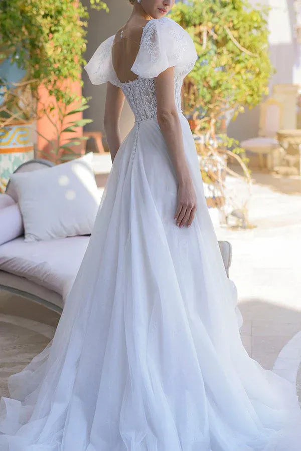 Whimsical Square-Neck Puff-Sleeve A-Line Floor-Length Wedding Dress