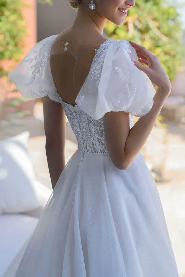 Whimsical Square-Neck Puff-Sleeve A-Line Floor-Length Wedding Dress
