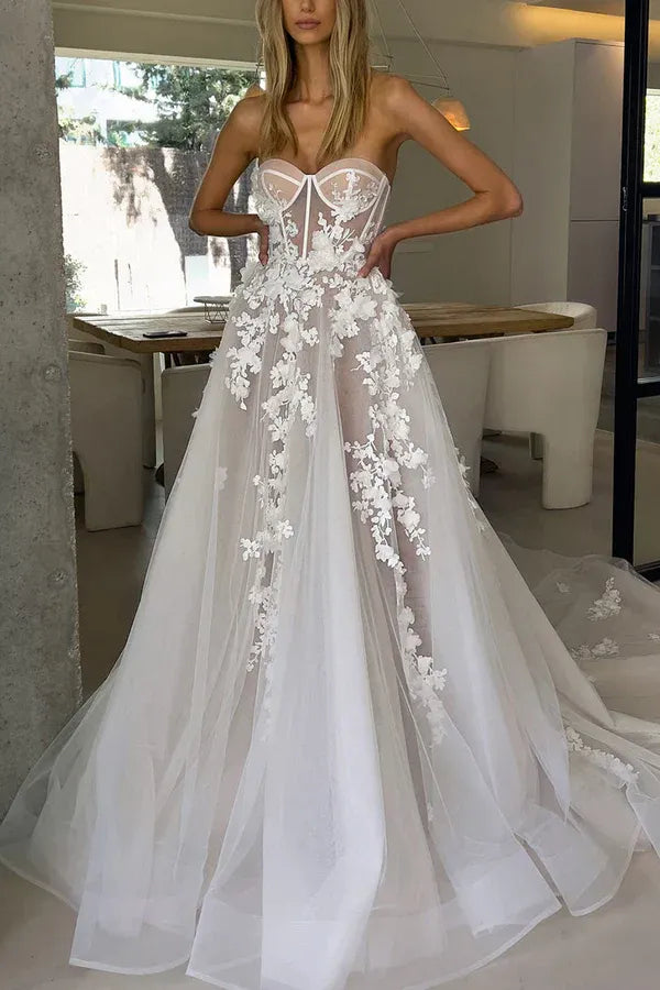 Whimsical Strapless Illusion Floral A-Line Floor-Length Wedding Dress
