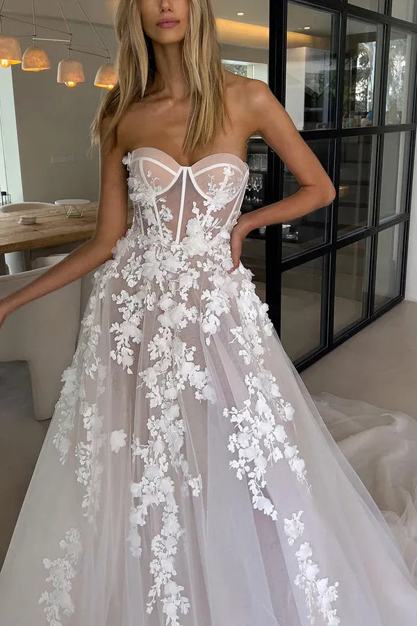 Whimsical Strapless Illusion Floral A-Line Floor-Length Wedding Dress